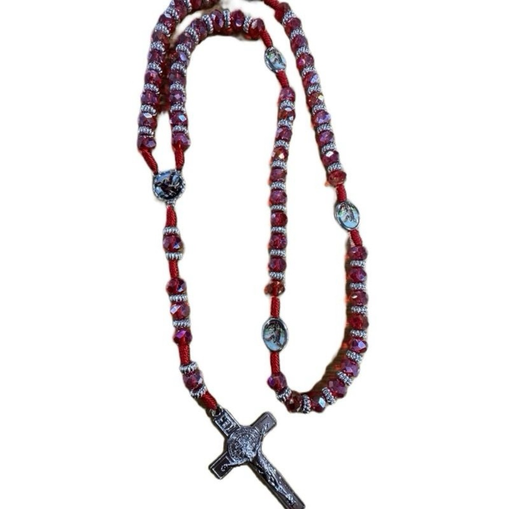 Archangel Michael Silver and Red Beaded Cross Necklace
